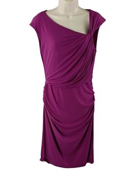 New York & Company  Draped Asymmetrical Neckline Ruched Fuchsia Midi Dress